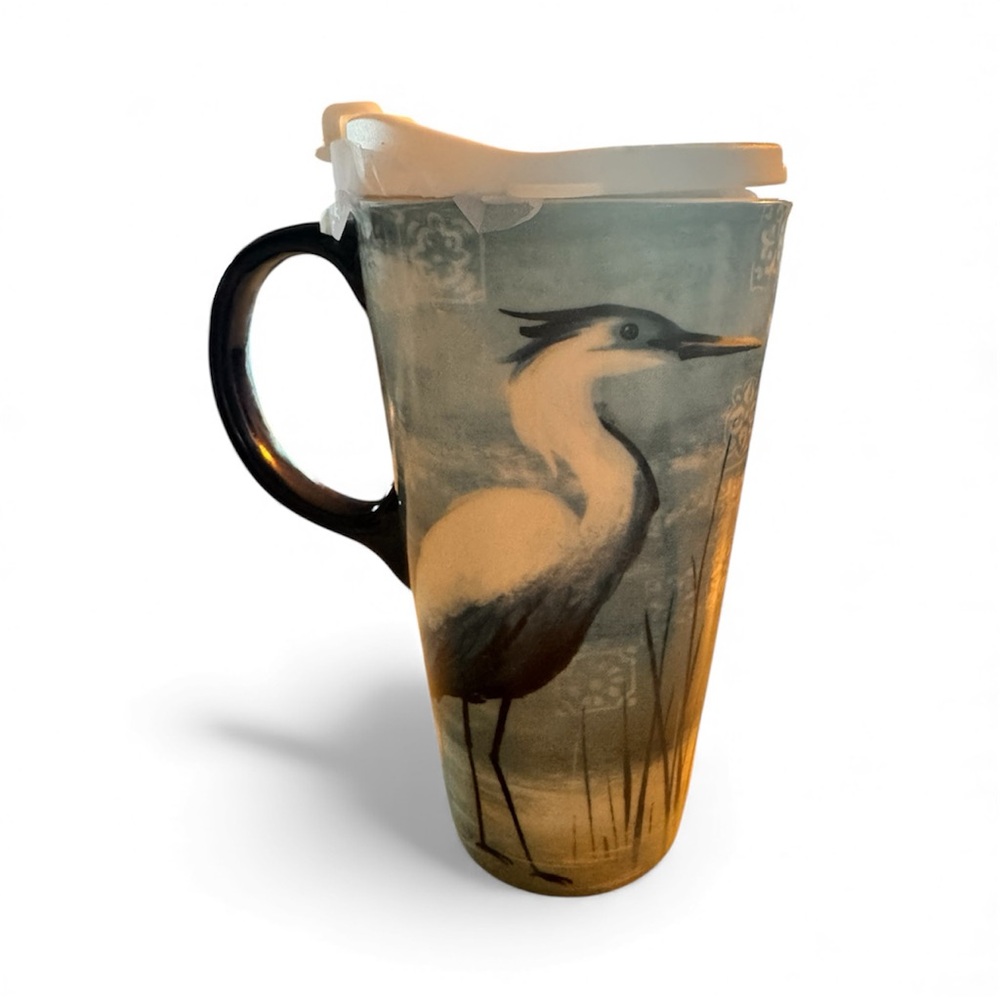 Blue Heron Design Ceramic Travel Mug Tall 17 oz